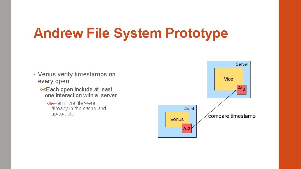 Andrew File System Prototype • Venus verify timestamps on every open Each open include