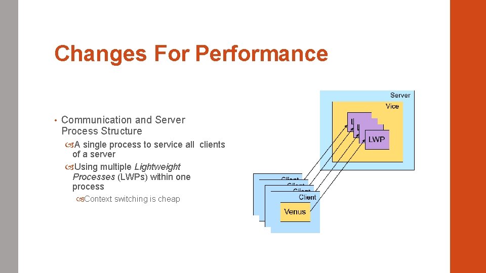 Changes For Performance • Communication and Server Process Structure A single process to service