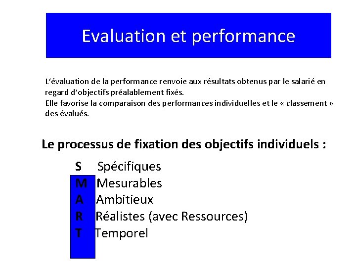 Evaluation et performance L’évaluation de la performance renvoie aux résultats obtenus par le salarié