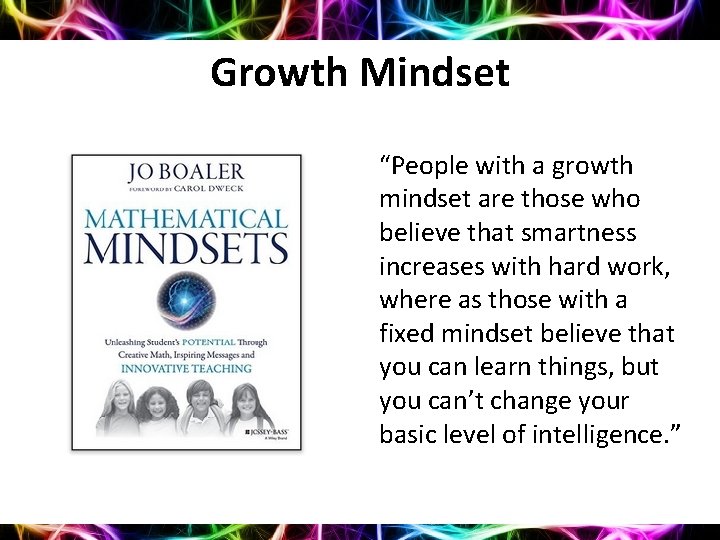 Growth Mindset “People with a growth mindset are those who believe that smartness increases