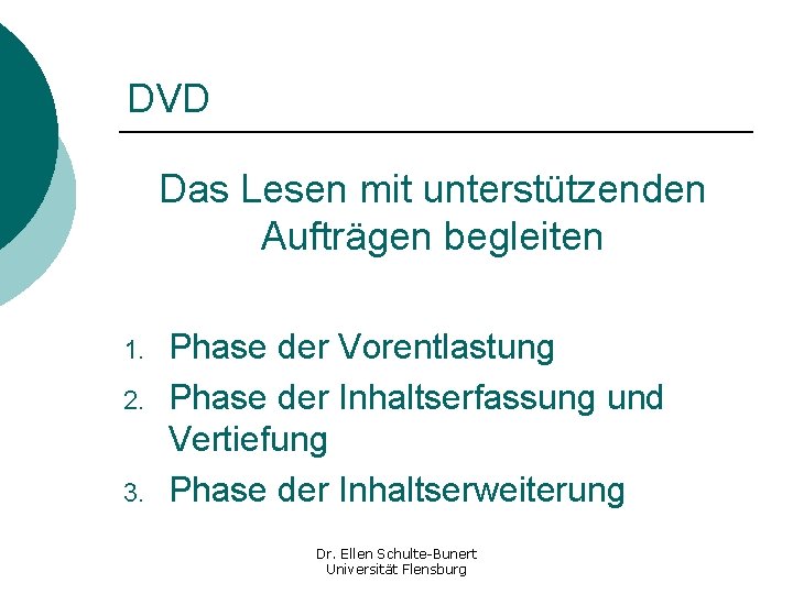 DVD Das Lesen mit unterstützenden Aufträgen begleiten 1. 2. 3. Phase der Vorentlastung Phase