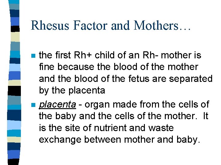 Rhesus Factor and Mothers… n n the first Rh+ child of an Rh- mother