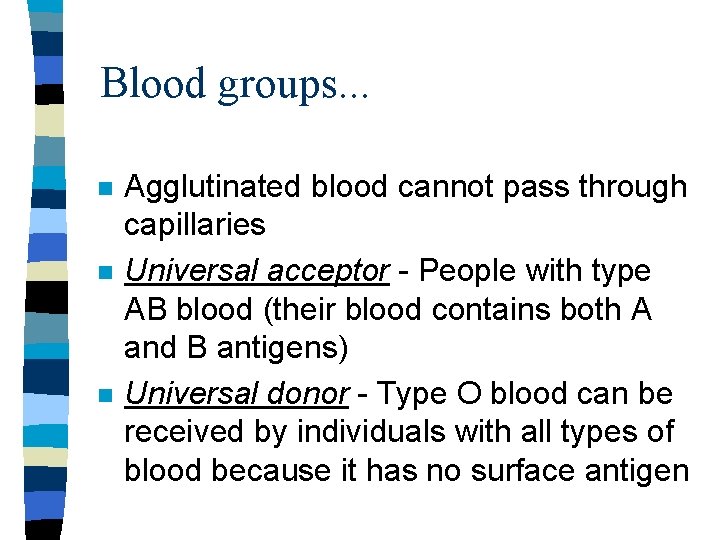 Blood groups. . . n n n Agglutinated blood cannot pass through capillaries Universal