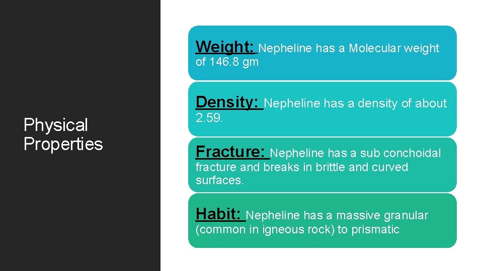 Weight: Nepheline has a Molecular weight of 146. 8 gm Density: Nepheline has a