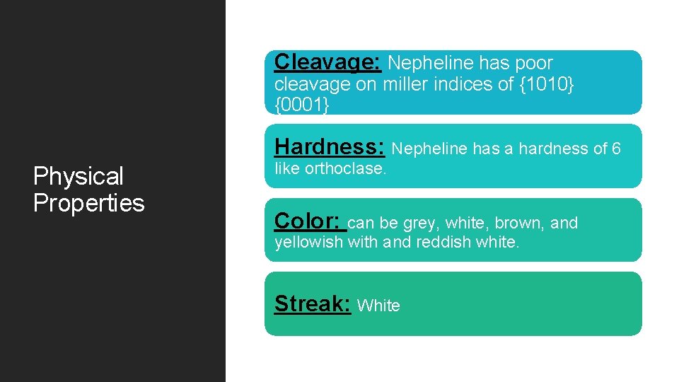 Cleavage: Nepheline has poor cleavage on miller indices of {1010} {0001} Hardness: Nepheline has