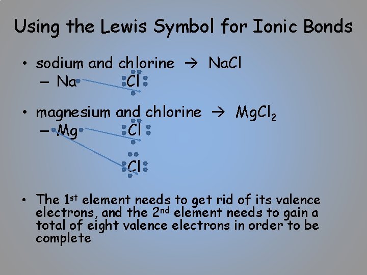 Using the Lewis Symbol for Ionic Bonds • sodium and chlorine Na. Cl –