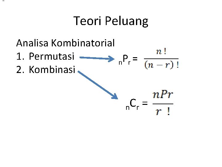 = Teori Peluang Analisa Kombinatorial 1. Permutasi n. P r = 2. Kombinasi n.