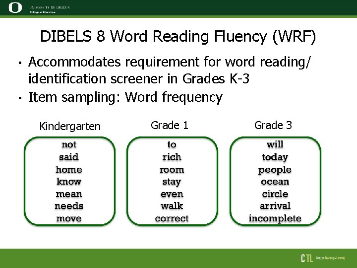 DIBELS 8 Word Reading Fluency (WRF) • • Accommodates requirement for word reading/ identification