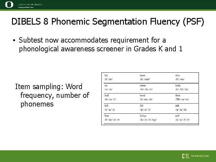 DIBELS 8 Phonemic Segmentation Fluency (PSF) • Subtest now accommodates requirement for a phonological
