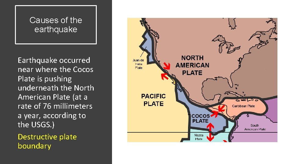 Causes of the earthquake Earthquake occurred near where the Cocos Plate is pushing underneath