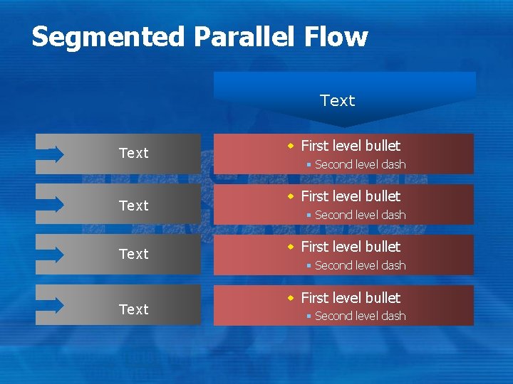 Segmented Parallel Flow Text Text w First level bullet § Second level dash Segmented Parallel Flow Text Text w First level bullet § Second level dash