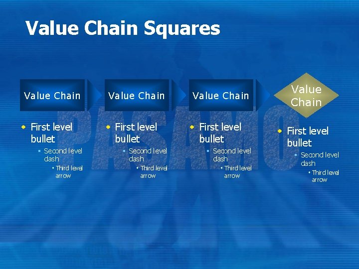 Value Chain Squares Value Chain w First level bullet § Second level dash Third Value Chain Squares Value Chain w First level bullet § Second level dash Third