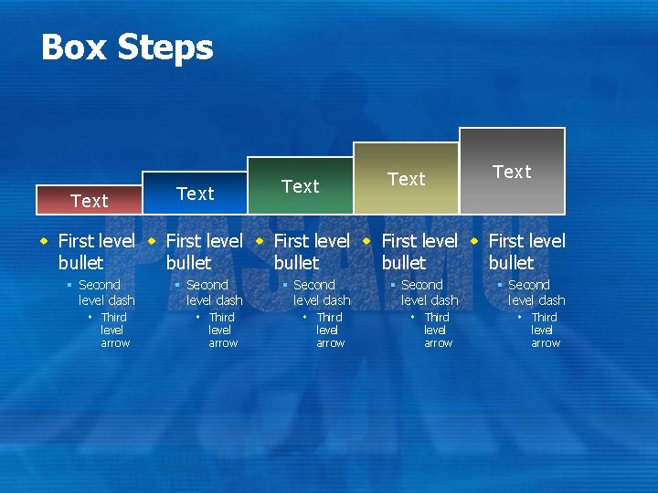 Box Steps Text Text w First level w First level bullet bullet § Second Box Steps Text Text w First level w First level bullet bullet § Second