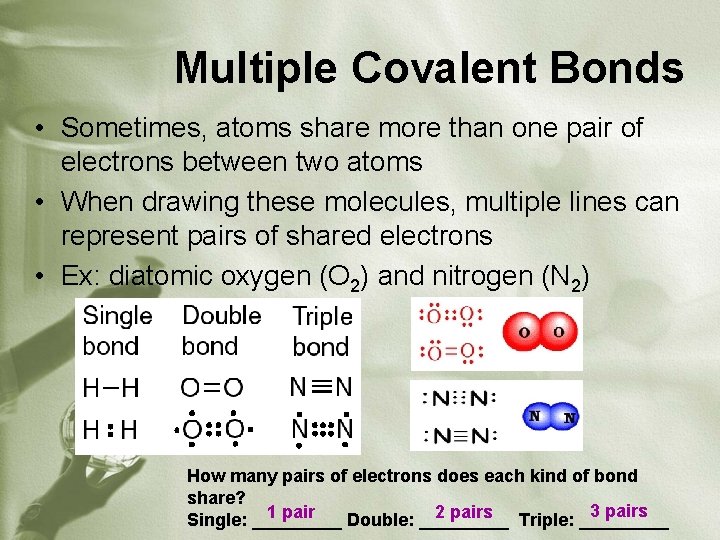 Multiple Covalent Bonds • Sometimes, atoms share more than one pair of electrons between