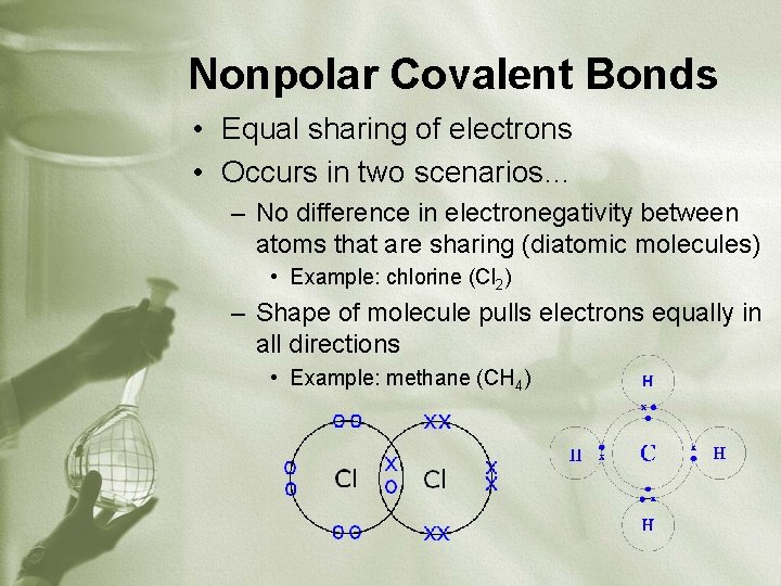 Nonpolar Covalent Bonds • Equal sharing of electrons • Occurs in two scenarios… –