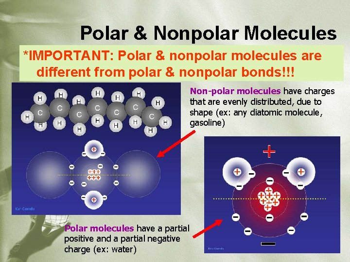 Polar & Nonpolar Molecules *IMPORTANT: Polar & nonpolar molecules are different from polar &