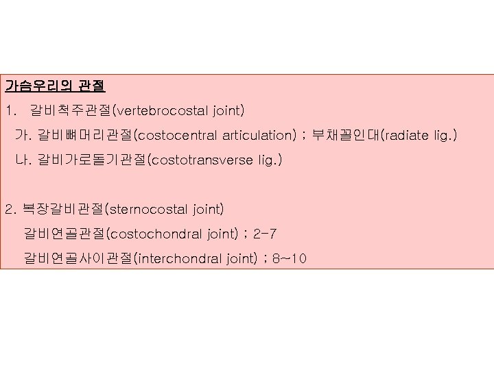 가슴우리의 관절 1. 갈비척주관절(vertebrocostal joint) 가. 갈비뼈머리관절(costocentral articulation) ; 부채꼴인대(radiate lig. ) 나. 갈비가로돌기관절(costotransverse