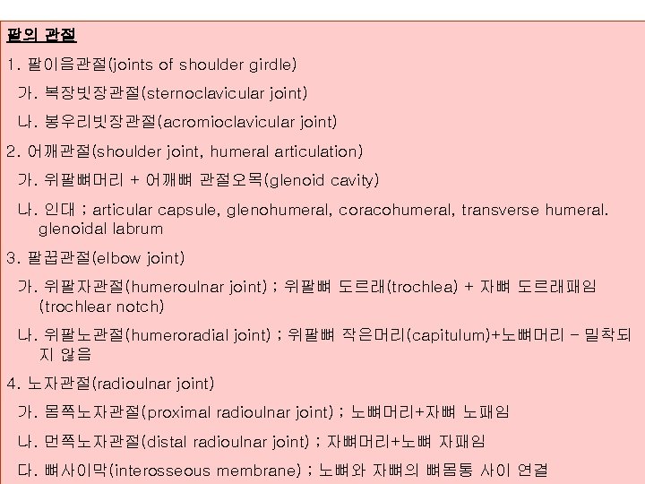 팔의 관절 1. 팔이음관절(joints of shoulder girdle) 가. 복장빗장관절(sternoclavicular joint) 나. 봉우리빗장관절(acromioclavicular joint) 2.