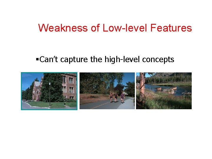 Weakness of Low-level Features §Can’t capture the high-level concepts 