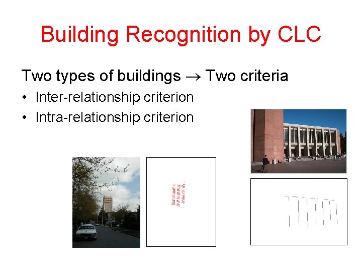 Building Recognition by CLC Two types of buildings Two criteria • Inter-relationship criterion •