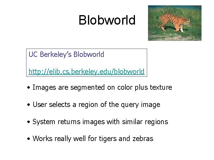 Blobworld UC Berkeley’s Blobworld http: //elib. cs. berkeley. edu/blobworld • Images are segmented on