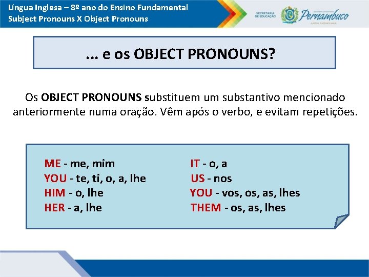Língua Inglesa – 8º ano do Ensino Fundamental Subject Pronouns X Object Pronouns .