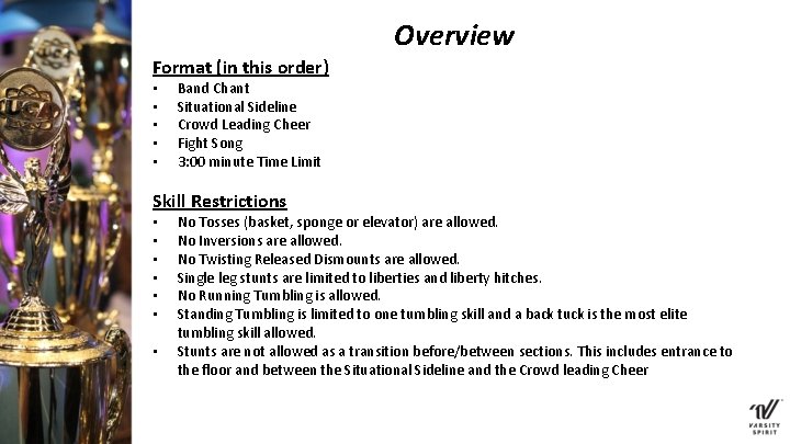 Overview Format (in this order) • • • Band Chant Situational Sideline Crowd Leading Overview Format (in this order) • • • Band Chant Situational Sideline Crowd Leading