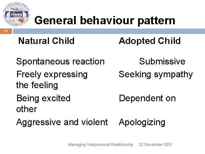 General behaviour pattern 11 Natural Child Adopted Child Spontaneous reaction Freely expressing the feeling