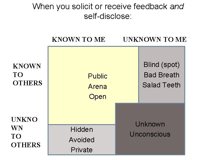 When you solicit or receive feedback and self-disclose: KNOWN TO ME KNOWN TO OTHERS