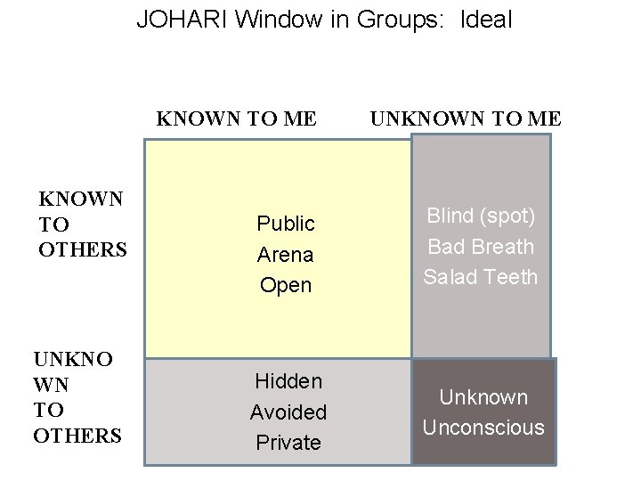 JOHARI Window in Groups: Ideal KNOWN TO ME KNOWN TO OTHERS UNKNOWN TO ME