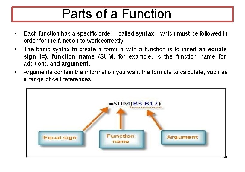 Parts of a Function • • • Each function has a specific order—called syntax—which