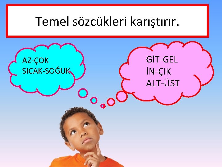 Temel sözcükleri karıştırır. AZ-ÇOK SICAK-SOĞUK GİT-GEL İN-ÇIK ALT-ÜST 