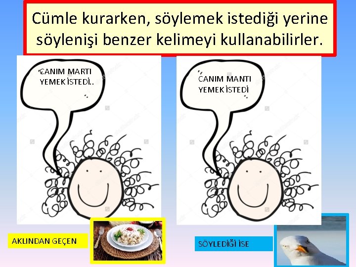 Cümle kurarken, söylemek istediği yerine söylenişi benzer kelimeyi kullanabilirler. CANIM MARTI YEMEK İSTEDİ. .