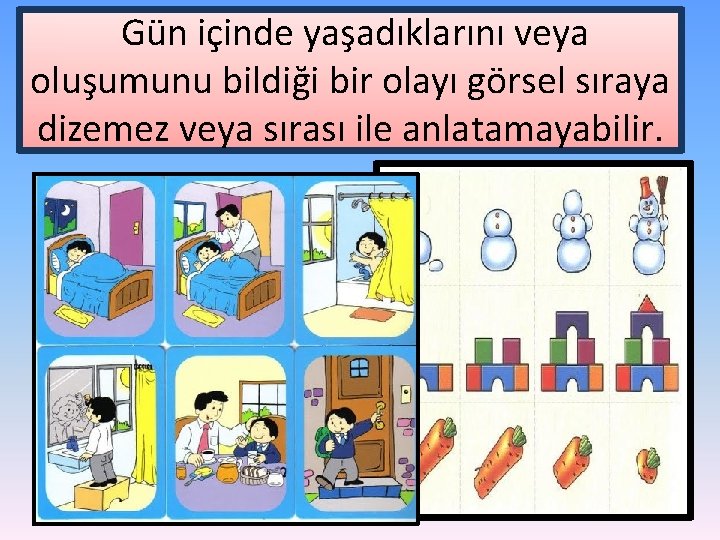 Gün içinde yaşadıklarını veya oluşumunu bildiği bir olayı görsel sıraya dizemez veya sırası ile