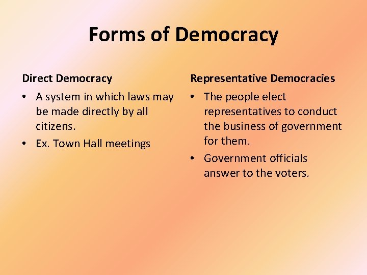 Forms of Democracy Direct Democracy Representative Democracies • A system in which laws may