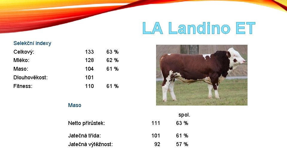 LA Landino ET Selekční indexy Celkový: 133 63 % Mléko: 128 62 % Maso: