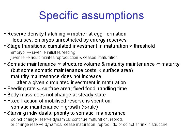 Specific assumptions • Reserve density hatchling = mother at egg formation foetuses: embryos unrestricted