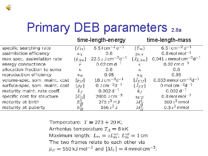 Primary DEB parameters 2. 8 a time-length-energy time-length-mass 