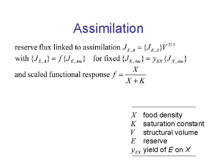 Assimilation food density saturation constant structural volume reserve yield of E on X 