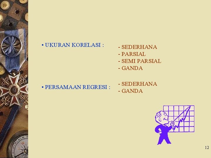  • UKURAN KORELASI : • PERSAMAAN REGRESI : - SEDERHANA - PARSIAL -