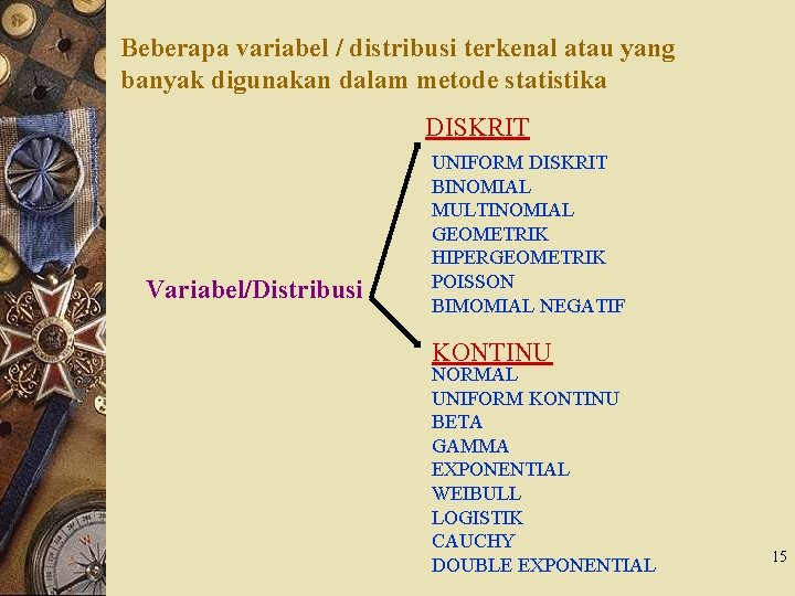 Beberapa variabel / distribusi terkenal atau yang banyak digunakan dalam metode statistika DISKRIT Variabel/Distribusi