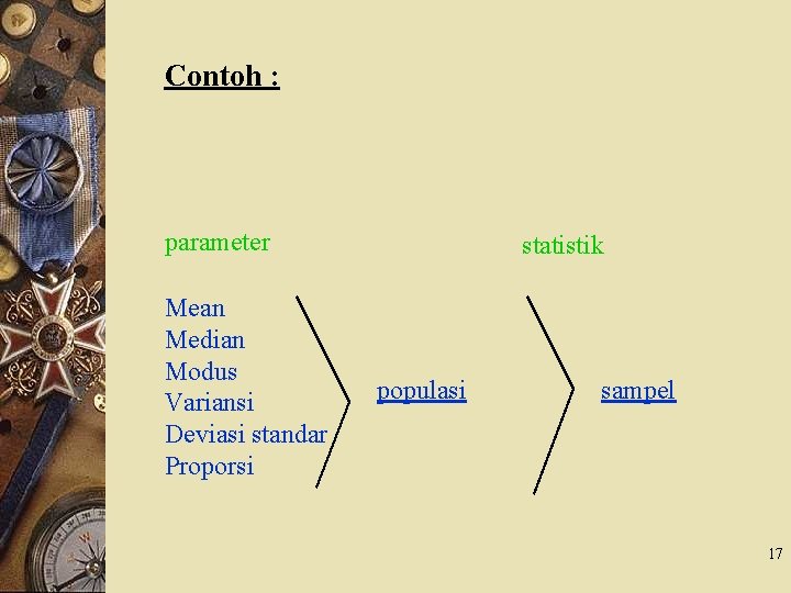 Contoh : parameter Mean Median Modus Variansi Deviasi standar Proporsi statistik populasi sampel 17