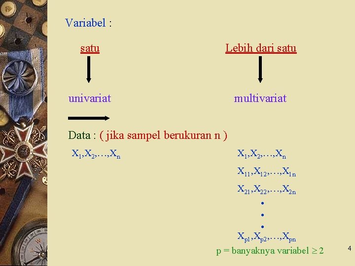 Variabel : satu Lebih dari satu univariat multivariat Data : ( jika sampel berukuran