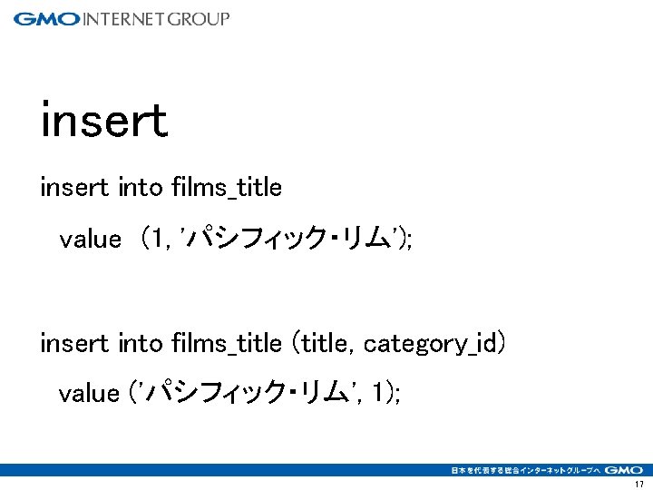 insert into films_title value (1, 'パシフィック・リム'); insert into films_title (title, category_id) value ('パシフィック・リム', 1);