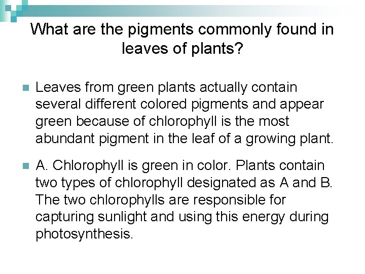 What are the pigments commonly found in leaves of plants? n Leaves from green