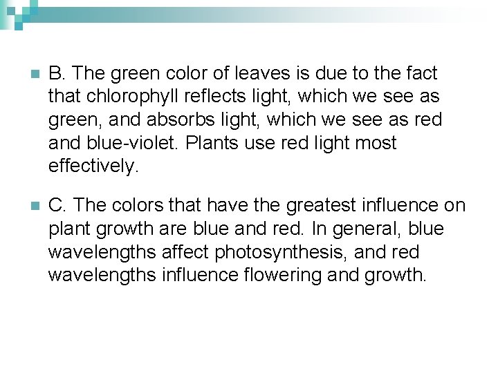 n B. The green color of leaves is due to the fact that chlorophyll