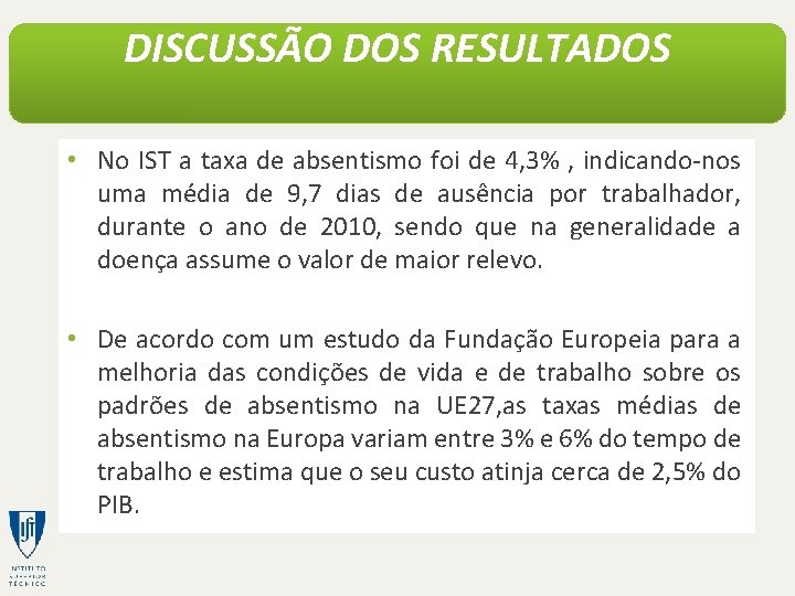 DISCUSSÃO DOS RESULTADOS • No IST a taxa de absentismo foi de 4, 3%