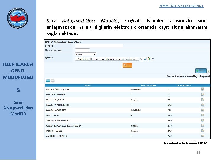 BİRİM ÖZEL MODÜLLERİ 2011 Sınır Anlaşmazlıkları Modülü; Modülü Coğrafi Birimler arasındaki sınır anlaşmazlıklarına ait