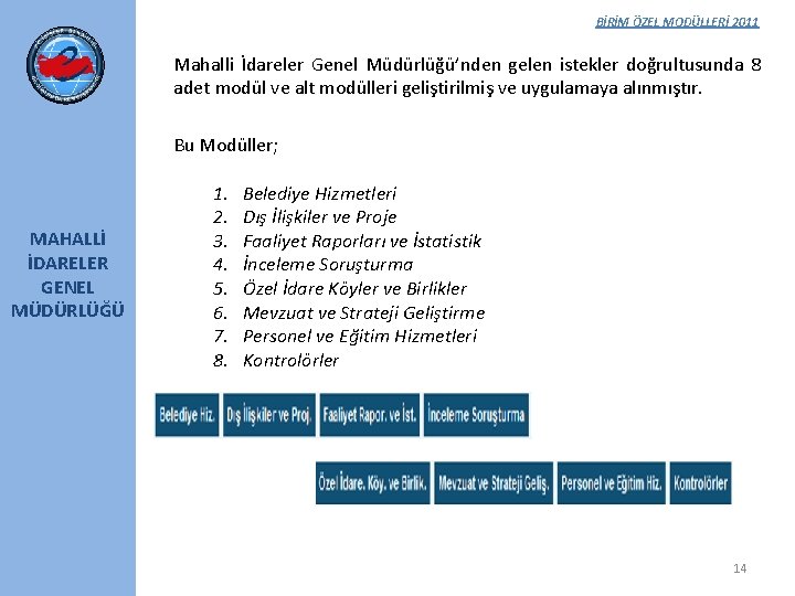 BİRİM ÖZEL MODÜLLERİ 2011 Mahalli İdareler Genel Müdürlüğü’nden gelen istekler doğrultusunda 8 adet modül