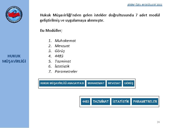 BİRİM ÖZEL MODÜLLERİ 2011 Hukuk Müşavirliği’nden gelen istekler doğrultusunda 7 adet modül geliştirilmiş ve